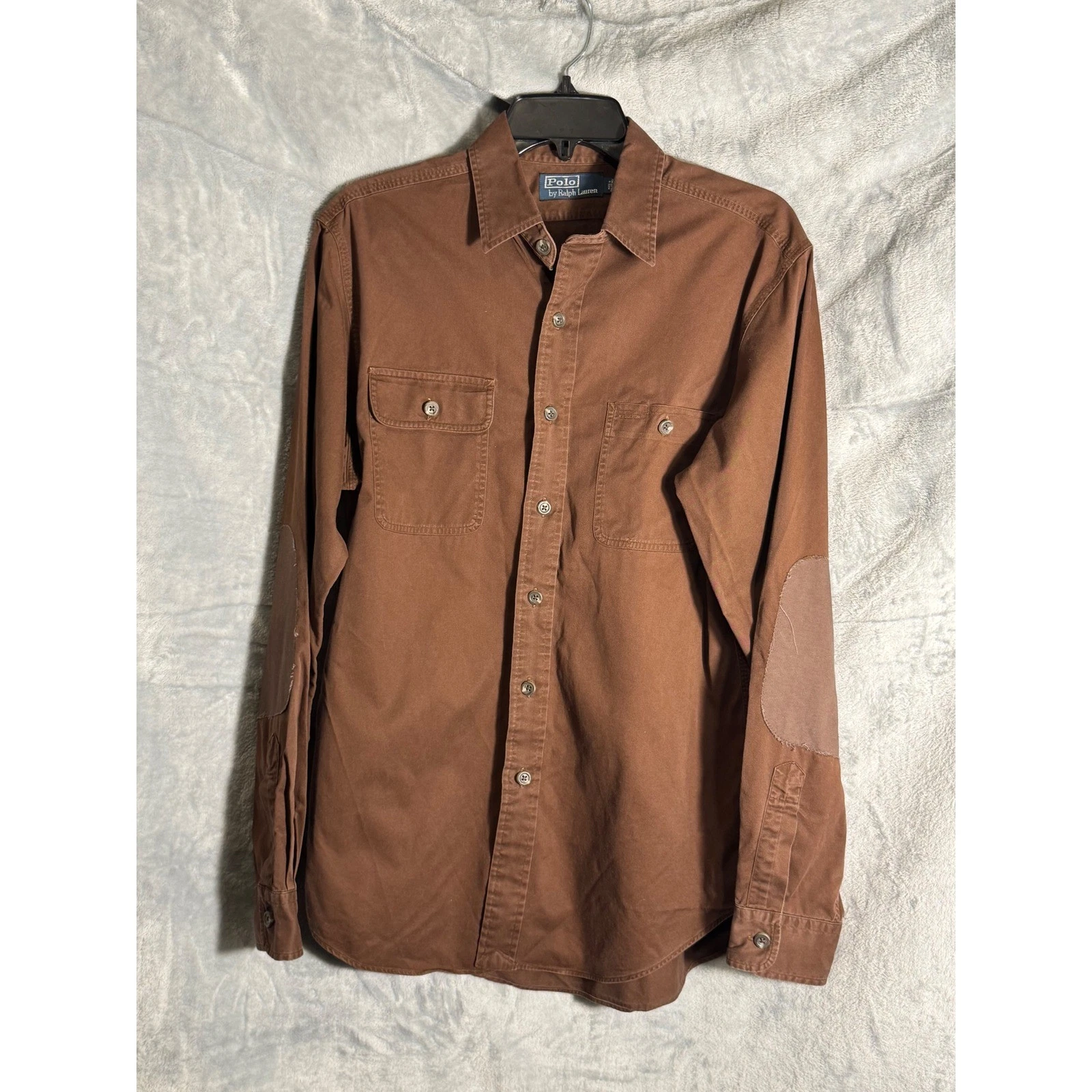 Polo Ralph Lauren Mens Brown Cotton Twill Elbow Patch Work Shirt Medium