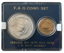 INDIA 1970 Bombay Mint Set 'F.A.O' 20 paise & Silver Commemorative 10 Rupees