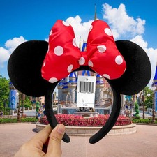 Classic Black Red Bow Polka Dot Headband Disney' Parks Resort Mickey Minnie Ears