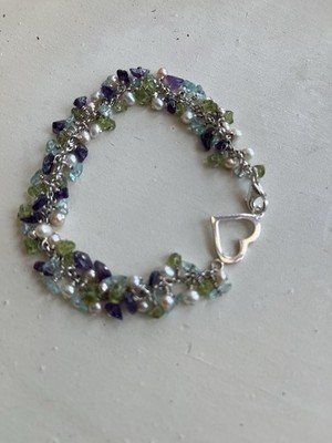 Precious Gem Stones / Fresh Water Pearls 925 Sterling Silver  Bracelet
