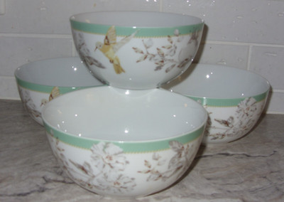 Bonjour Fruitful Nectar Cereal Soup Bowls Hummingbird Florals Aqua Set of 4 VGC