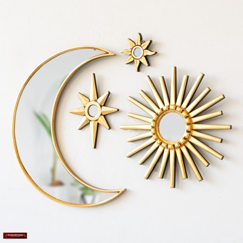 Decorative Accent Wall Mirror set of 4 |Peruvian Bronze Leaf Wood Hanging Mirror - Picture 2 of 9