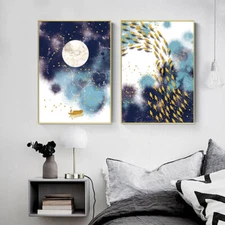 Set of 2 Night Moon Abstract Canvas Print Decoration 60x90cm 24x36in UNFRAMED