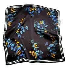 100% Silk Small Scarf Kerchief Vintage Black Flower Headband Wrap Bandana 53cm
