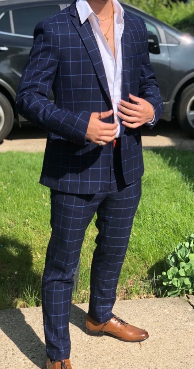 Men's Classic-Fit Suit Dark Blue Windowpane Suit 38R, Jacket-Pants only