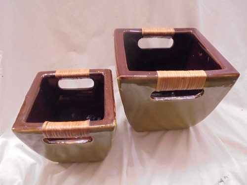 Set of 2 Square Stoneware Decorative PLANT POTS , heavy duty olive color - Picture 13 of 15