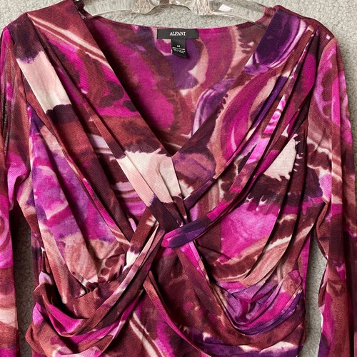 Alfani Top Pullover Womens M Fuchsia Purple Colorful Crisscross Sheer Stretchy - Picture 2 of 11