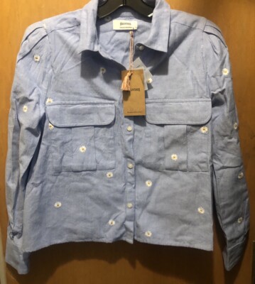 Sz Sm NWT Soludos Lt Blue Top; Long Sleeved Button Up Embroidered  Daisies Shirt