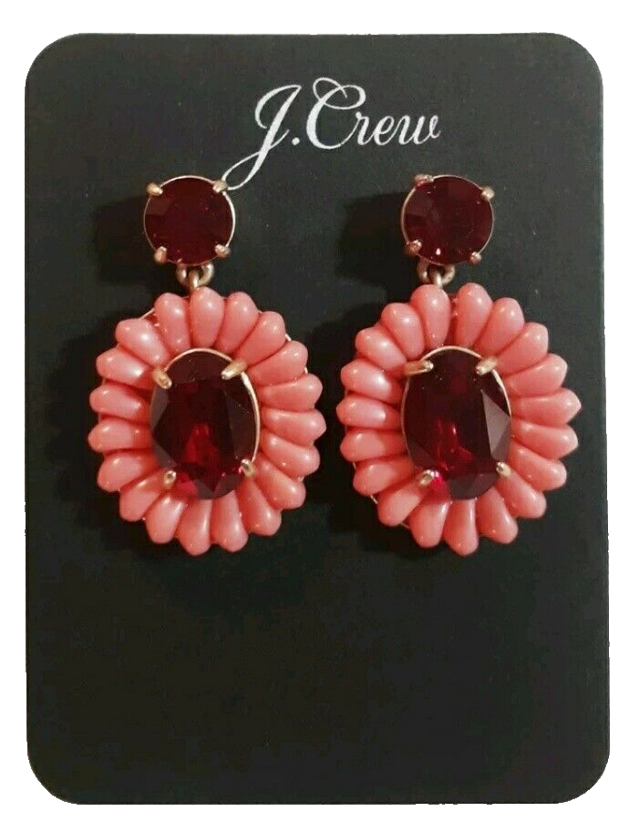 J.Crew Oval Crystal Resin Beaded Dangle Statement Earrings Authentic Red NWT