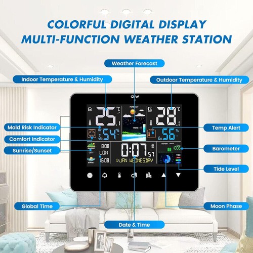 Weather Station Indoor Outdoor Wireless with Sensors Digital Colored Screen - Picture 10 of 12