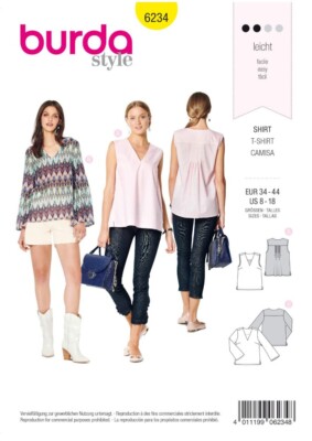 Burda Style Schnittmuster 6234 Misses  V-Ausschnitt Tops mit Variationen leicht zu nähen