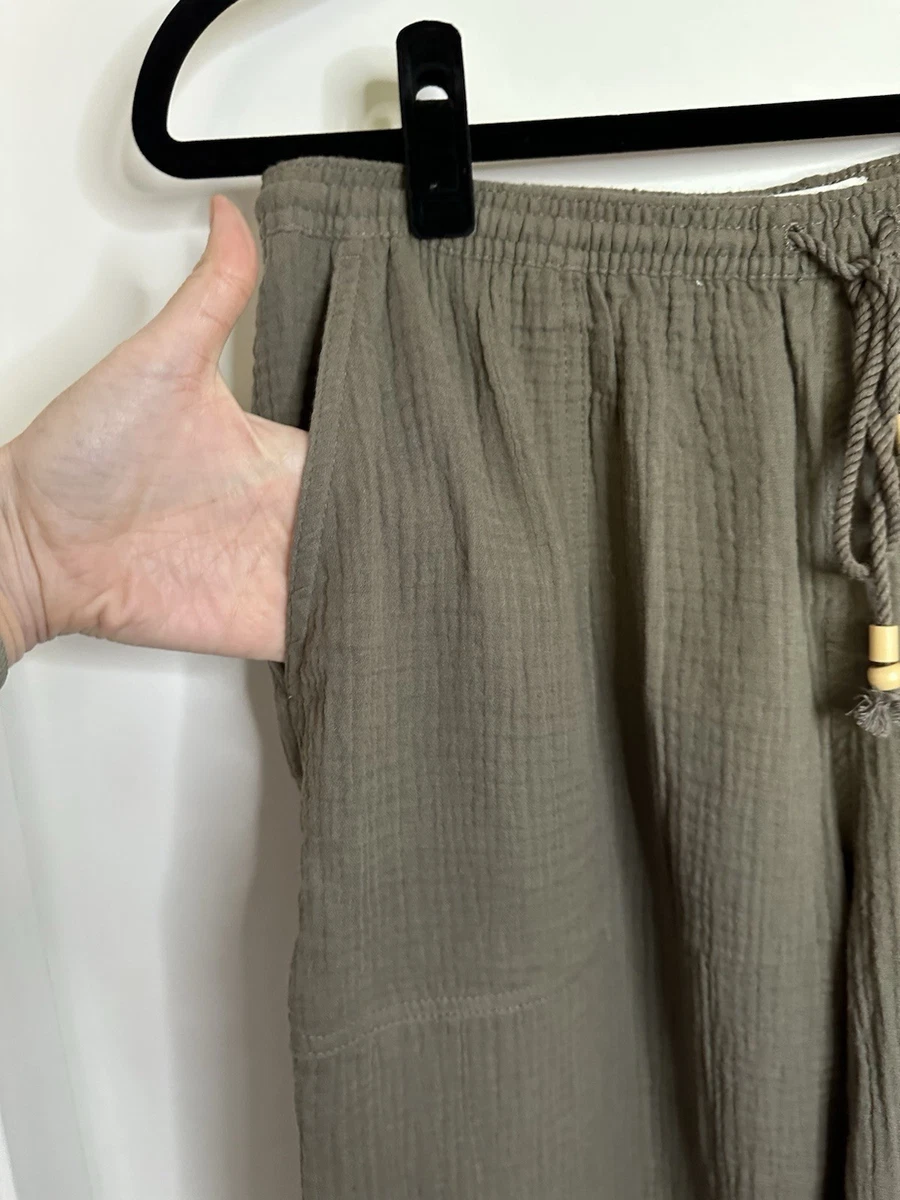 NUEVO CON ETIQUETAS H&M Mujer Muselina Algodón Pull On Pantalones Medianos Caqui Oscuro Verde