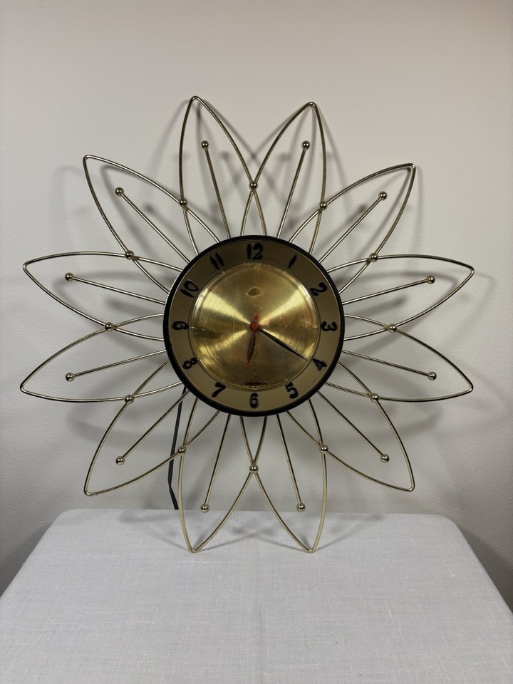 VTG Gold Brass Lux Atomic Flower Starburst Clock MCM Mid Century WORKS