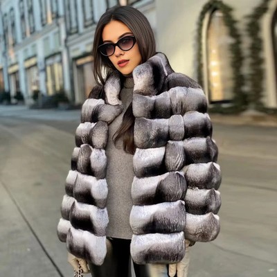 Winter Chinchilla Fur Coat Women Natural Rex Rabbit Fur Jackets Short Overcoats