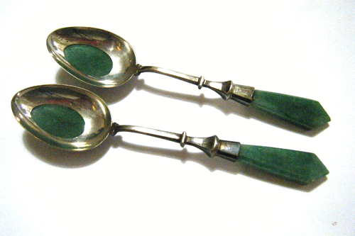 Pair Unusual Antique Mughal India Silver Spoons With Green Jadeite Jade - Picture 1 of 8