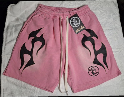 Hellstar Men's Pink/Black Graphic Print Athletic Drawstring Shorts Pockets