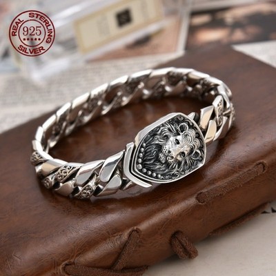 925 Sterling Silver Lion Bracelet Men Heavy Punk Chain Vintage Biker Gift
