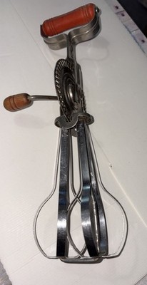 Vintage Androck Hand Mixer Beater Red Wood Handle Stainless Steel Made USA