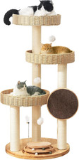 Solid Wood Cat Tree for Large Cats, 48-Inch Modern Cat Tower with Hand-Woven Bas