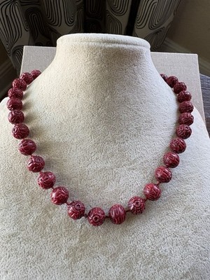 Vintage Faux Cinnabar Necklace Chinese Hand Carved Red Beads, Estate Find