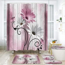 4PCS Pink Daisy Flowers Butterfly Shower Curtain Set with Shower Curtain