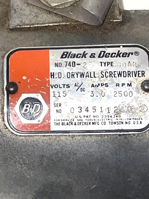 Vintage Black & Decker No. Destornillador para paneles de yeso de alta resistencia 740-2 115 V 2500 RPM EE. UU. Foto 2 de 4