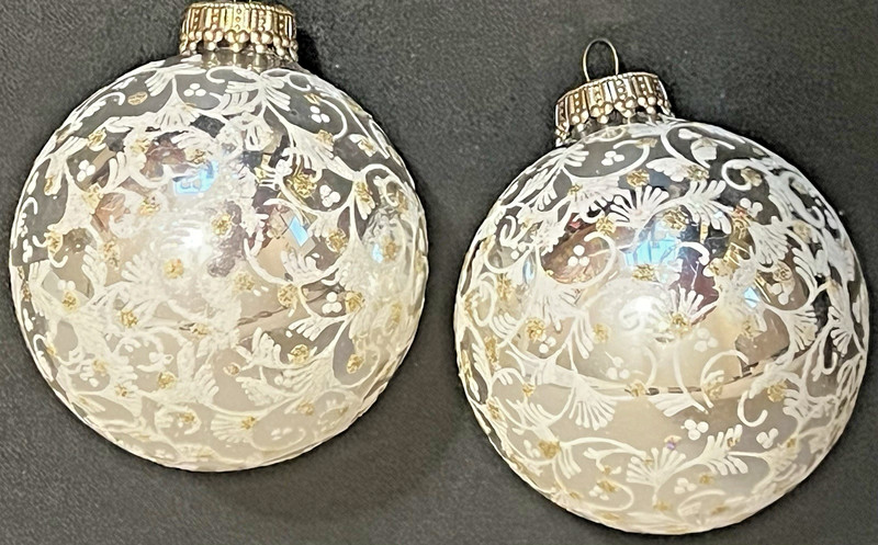 Pair of 2 VTG Krebs Silver Glass Ball Ornaments White Glitter Scrolls Gold Dots