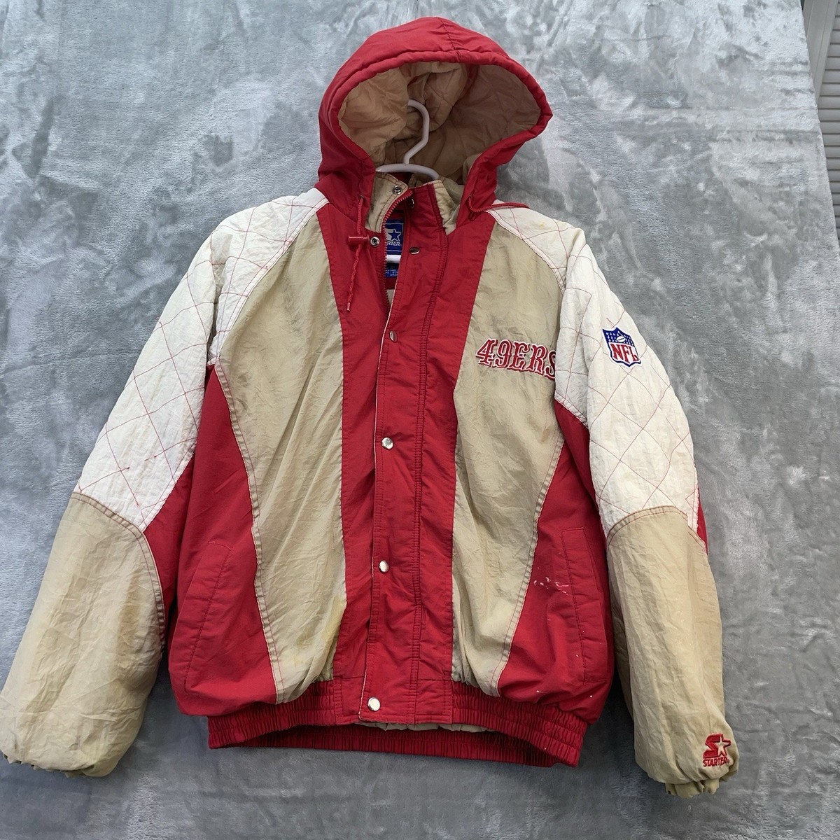 Vintage STARTER jacket men's Large 90s 49ERS Hood Puffer BIG LOGO
