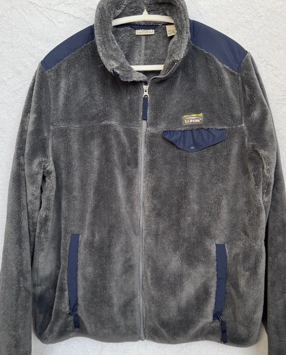 L.L. Bean Mens Sherpa Fleece Jacket L Gray Mock Neck Full Zip Gorpcore Hiking