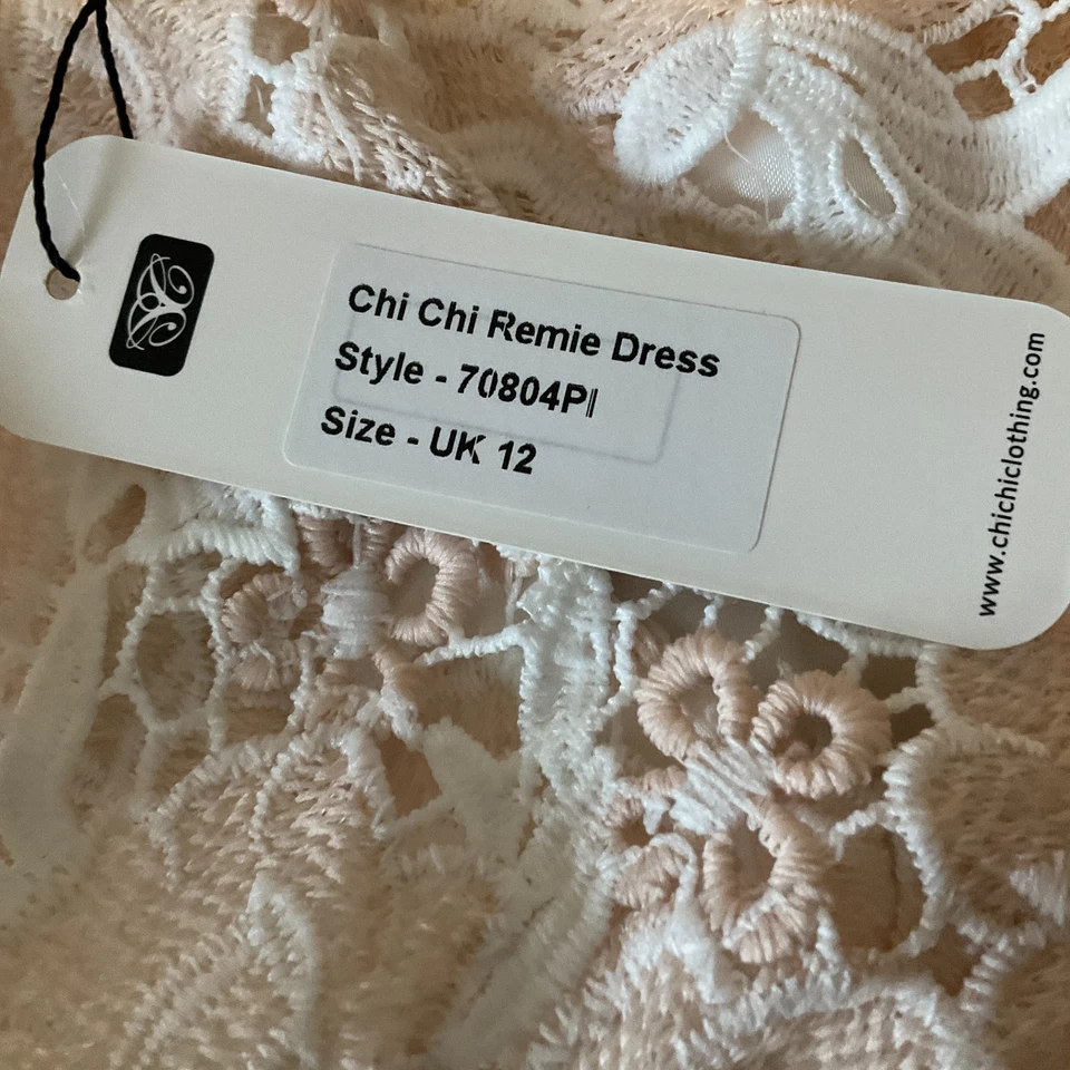 Vestido Chi Chi London Remie para mujer talla 8 rosa blanco forrado cremallera cuello alto encaje Foto 4 de 4