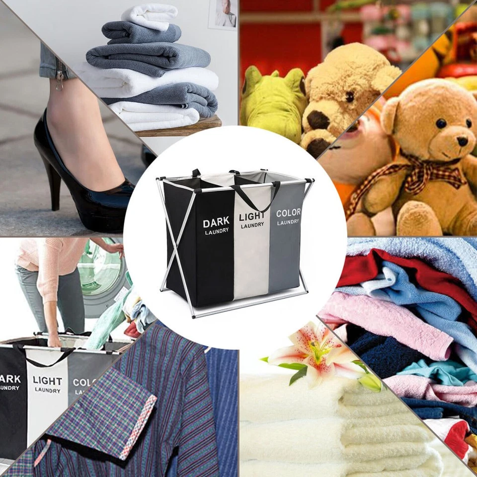 Wäschekorb Bad Wäsche Sortiersystem groß Wäschesortierer 3Fächer Wäschesammler , - Bild 3 von 4