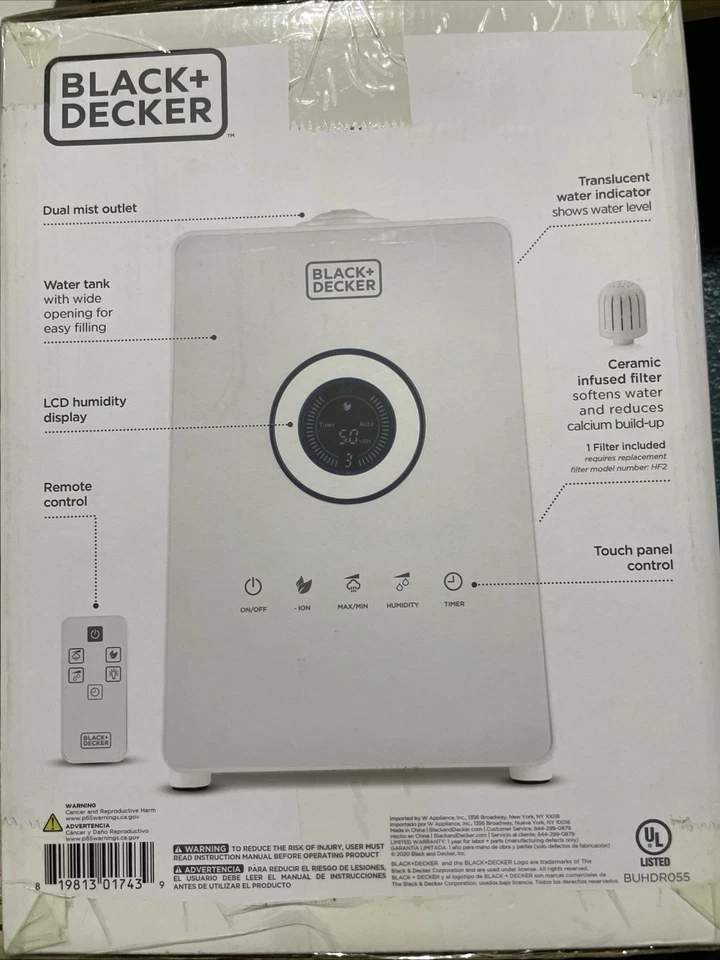 HUMIDIFICADOR ULTRASÓNICO DE NIEBLA FRÍA BLACK+DECKER 1,45 GAL - BOQUILLA DE VAPOR BUHDR055 Foto 2 de 2