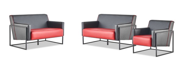 Sofas Leder Set 2-Sitzer Sessel Schwarz Rot Couch 1-Sitzer Ledersofas-image