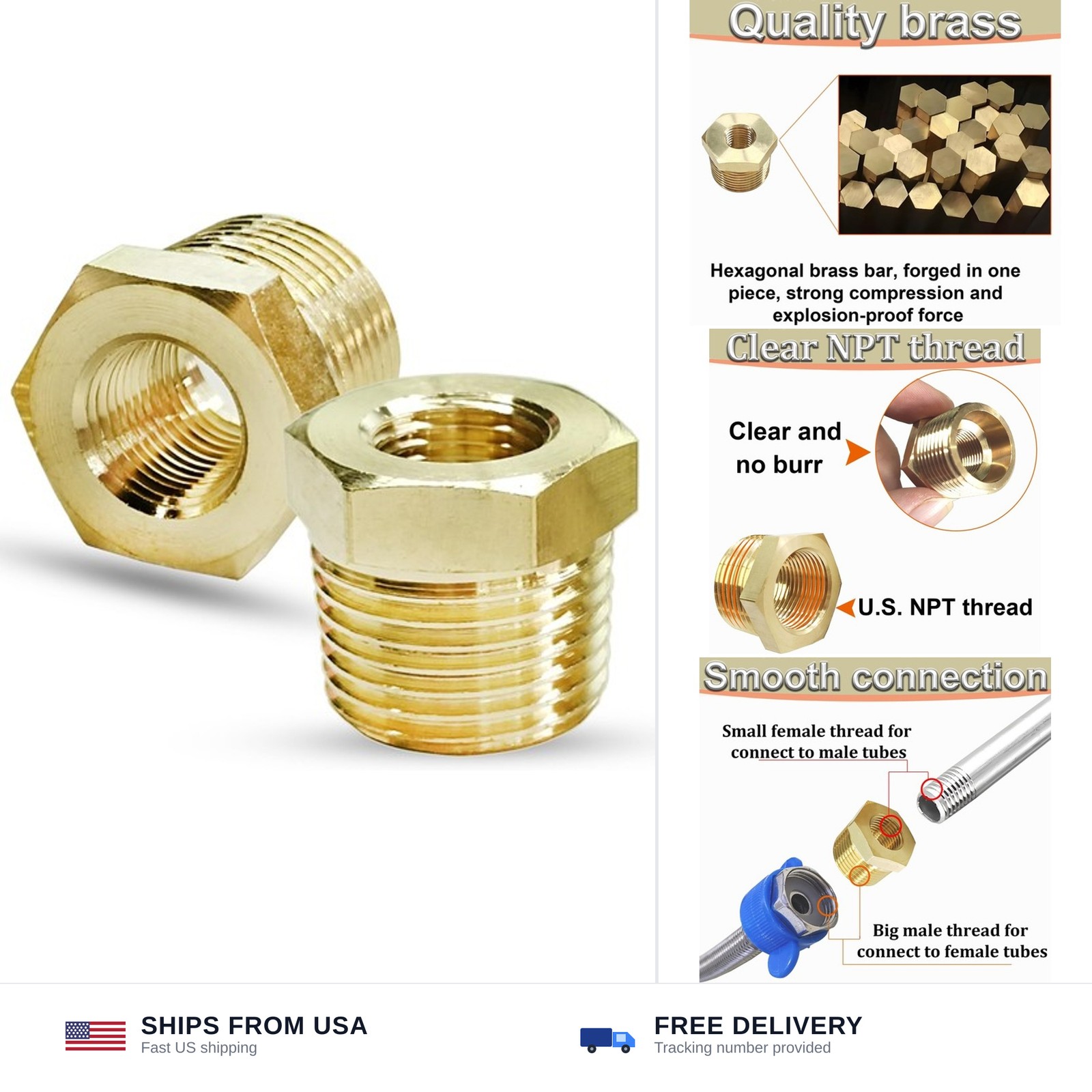 3/8 x 1/8 NPT Male Female Reducer Hex Bushing Brass Pipe Fitting Adapter