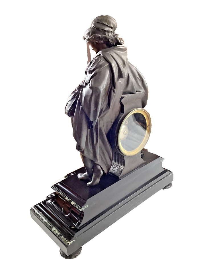 Antiguo reloj de sobremesa con figura francesa - Escultura de caballero - Base de pizarra y mármol - con Foto 4 de 4