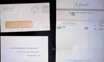 1948 John Wanamaker Dept. Store Billing Statement & Envelopes PA