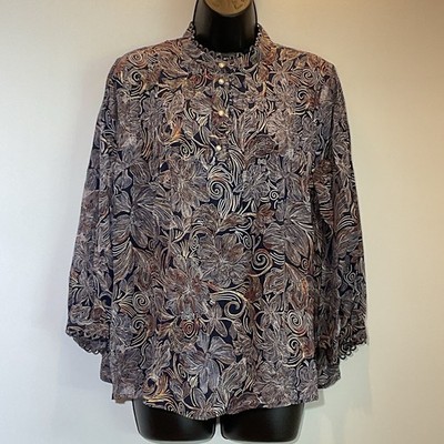 NWT Johnny Was Jade 100% Silk Venus Peasant Top Blouse Women's SZ S Blue Floral