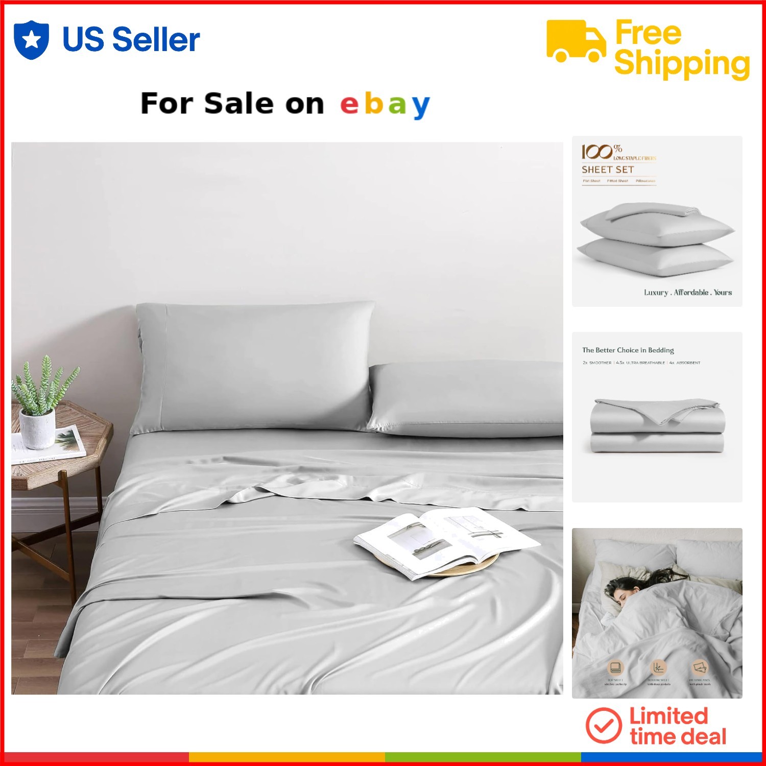 King Bamboo Sheets 4pc Set Silky Soft Cooling Deep Pocket Bedding
