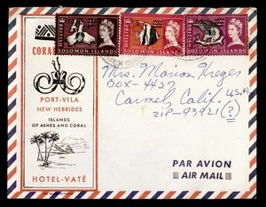 DR WHO 1967 BRITISH SOLOMON ISLANDS OVPT HOTEL ADVERTISING TO USA AIRMAIL R80261
