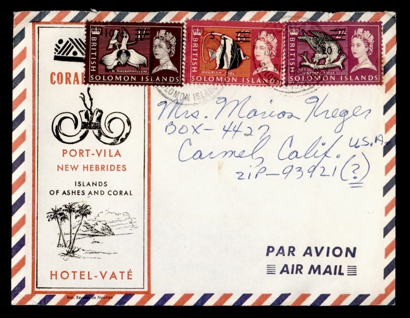DR WHO 1967 BRITISH SOLOMON ISLANDS OVPT HOTEL ADVERTISING TO USA AIRMAIL R80261