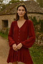 Free People Burgundy Cottagecore Prairie Peasant Boho Mini Dress Bell  Skirt L