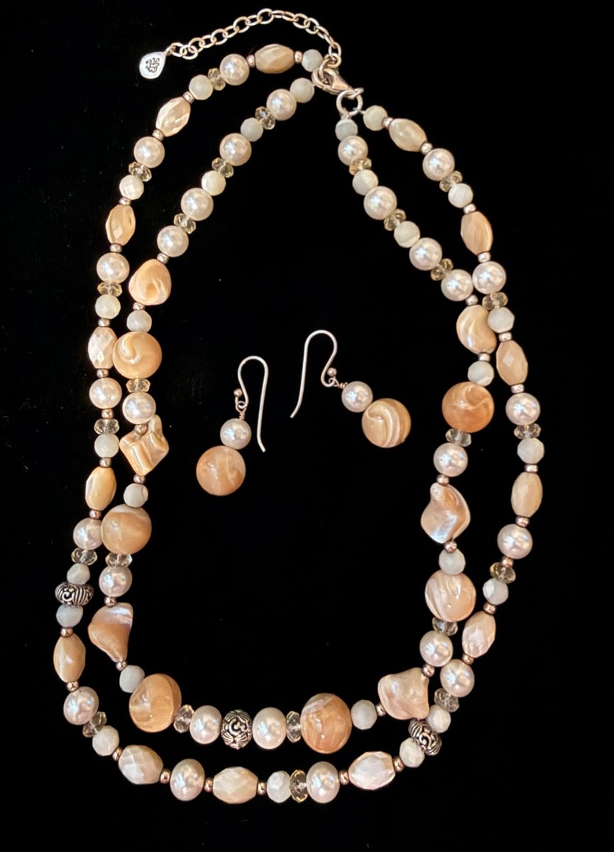 Barse Agate, Pearl, Crystal & Sterling Silver Necklace & Matching Earrings