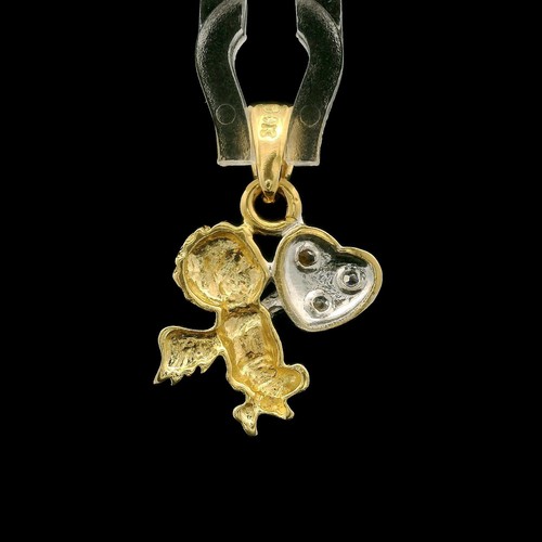 14k Yellow & White Gold Zircon Cherub Angel Holding Heart Charm Pendant - Picture 4 of 4