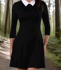 Black Dress with White Point Collar - Wednesday Addams Style 3/4 Sleeve Large