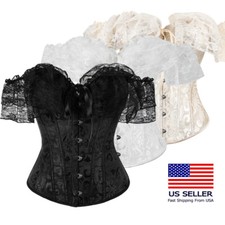 Women Corset Lace Sleeve Lace Up Sexy Bustier Lingerie Waist Trainer Costume Top