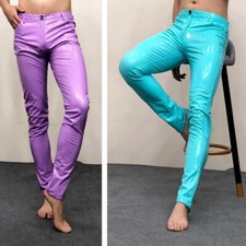 Men Faux Leather Pants Metallic Shiny Wet Look Skinny Trousers Clubwear Fashion