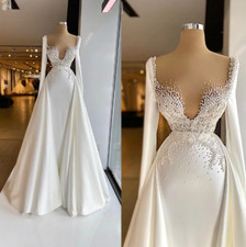 Luxury Satin Pearls Mermaid Wedding Dress Full Beads V Neck Long Sleeve Birdal