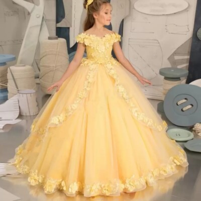 Yellow Flower Girl Dresses Lace Tulle Beading Appliqued Pageant For Girls 