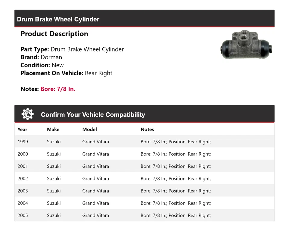 Cilindro de rueda de freno de tambor trasero derecho para Suzuki Grand Vitara Dorman 1999-2005 Foto 2 de 3