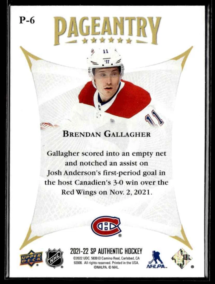 2021-22 Sp Authentic Pageantry Brendan Gallagher #P-6 H4R3C - Image 2 of 2
